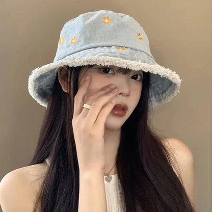 Sweet Floral Embroidered Denim Bucket Hat