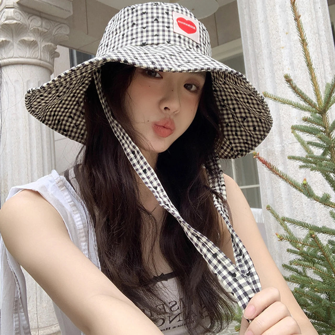 Black Heart Plaid Fisherman Hat For Women