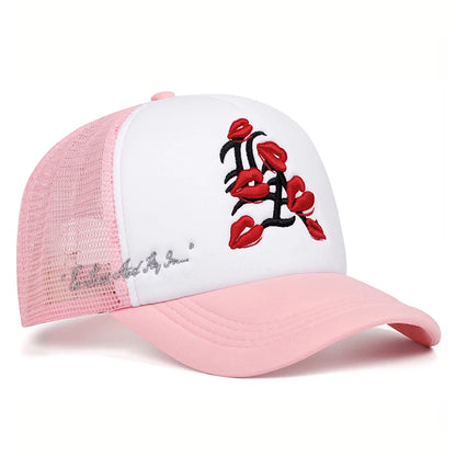 Fashionable Simple Baseball Hat LA Lipprint Embroidered Mesh Hat