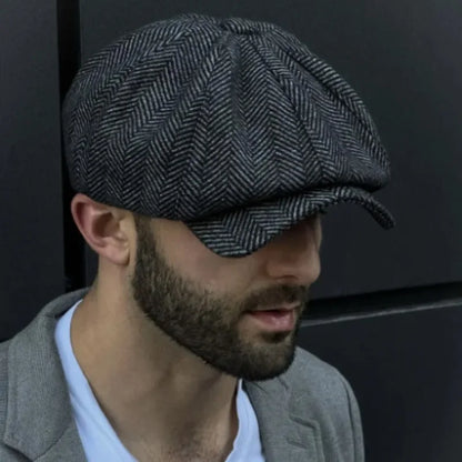 Men Retro Beret British Hats Wool Blend Vintage Herringbone Tweed Men