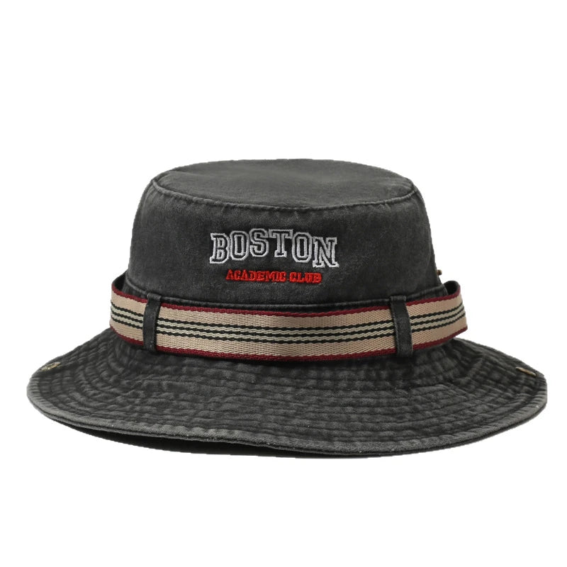 Washed Denim Bucket Hat Boston Embroidery Wide Brim Sun Hat
