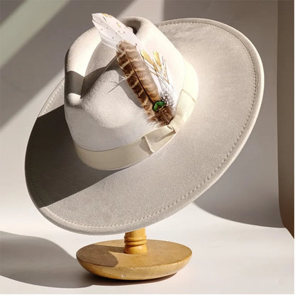 Yellow Bow Feather Suede Top Hat Wide Brim Fedora Hat