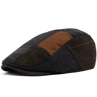 Men Women Patchwork Plaid Beret Vintage Wool Blend Flat Cap