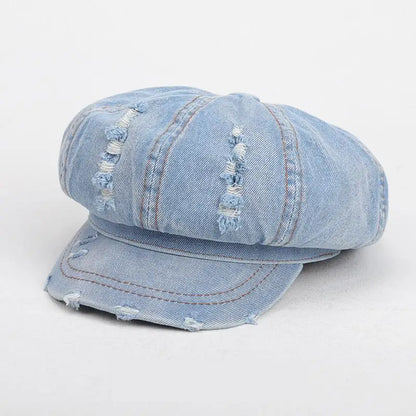 Retro Octagonal Cap Beret Women Washed Denim Newsboy Hat