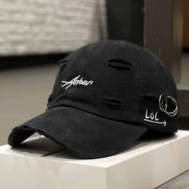 Unisex Asher Embroidery Hole Iron Ring Baseball Caps Outdoor Adjustable Casual Hats Hip Hop Hat Sunscreen Hat