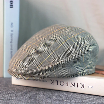 Gray Plaid Newsboy Hat Linen Cotton Women Men Ivy Cap