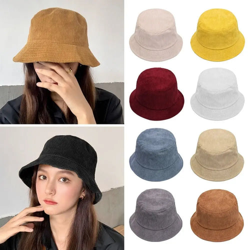 Women Winter Bucket Hat Corduroy Faux Fur Warm Fisherman Cap