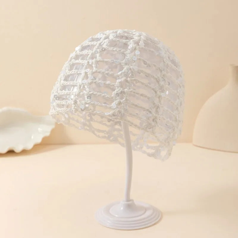 New Adult Hair Cap With Hollow Design Solid Color Knitted Mesh Cap