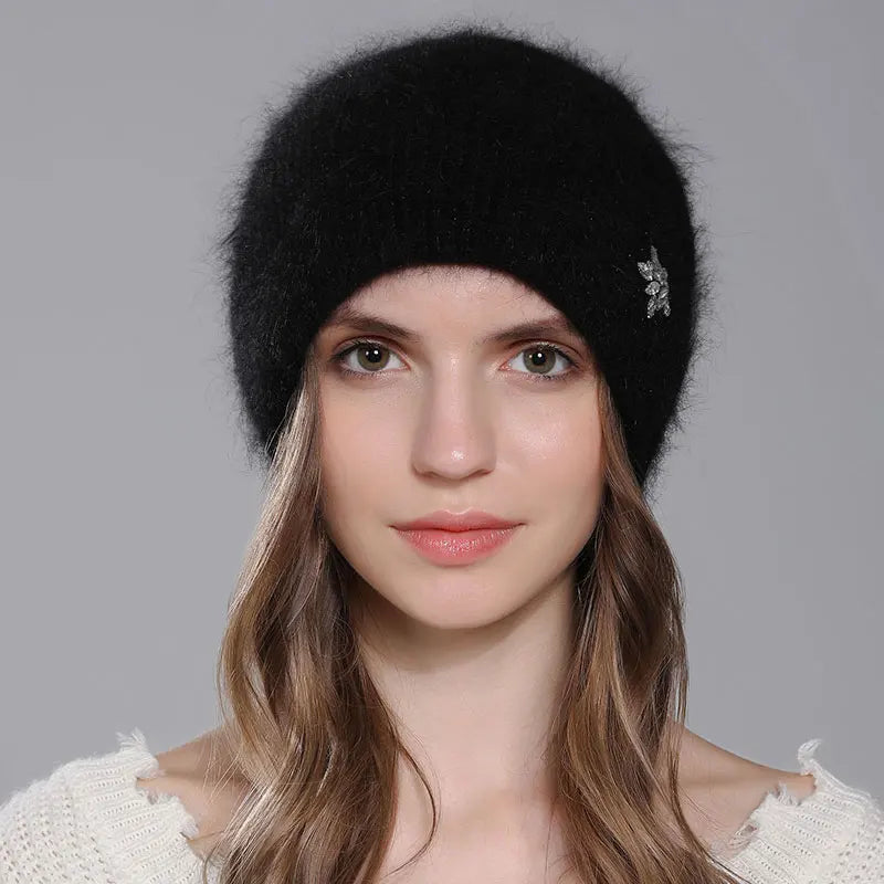 Women Winter Warm Fashion With Diamond Flower Beanies Knitted Angora Long Rabbit Fur Hats