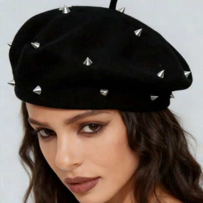 Punk Style Round Hollow Rivet Beret For Women