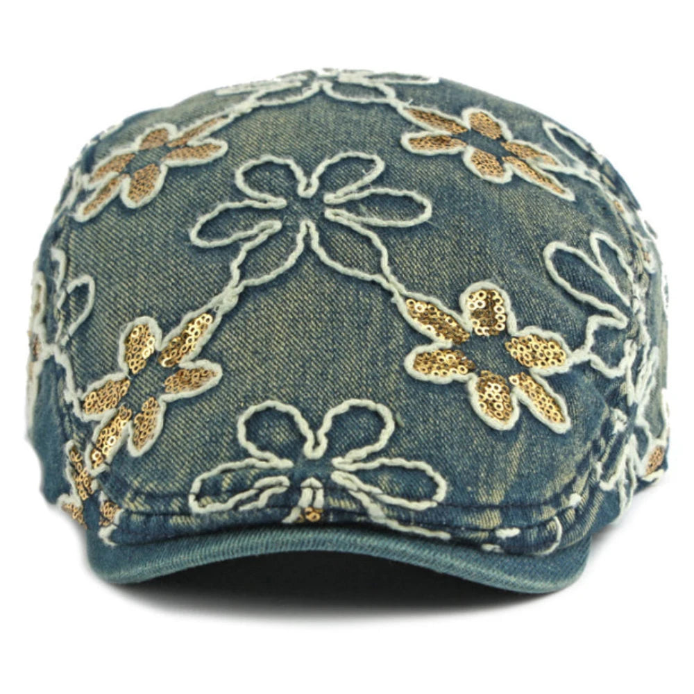 Male Female Cotton Ivy Flat Cap Stylish Sequin Flowers Denim Beret Cap
