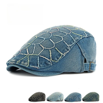 Embroidery Denim Ivy Cap Men Adjustable Buckle Flat Beret Hat