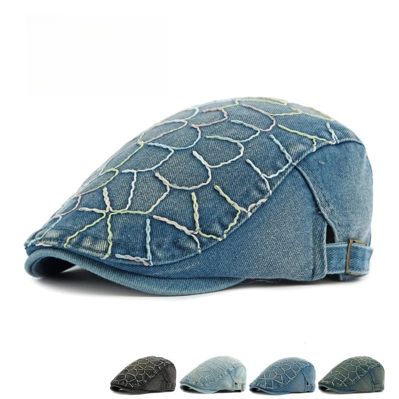 Embroidery Denim Ivy Cap Men Adjustable Buckle Flat Beret Hat
