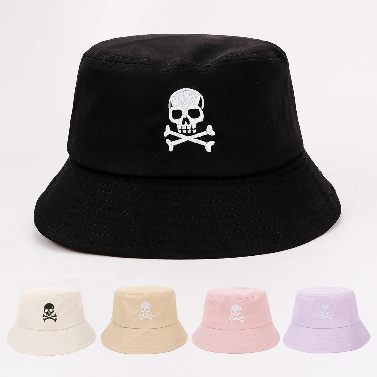 Summer Solid Bucket Hat For Women Embroidery Skull Breathable