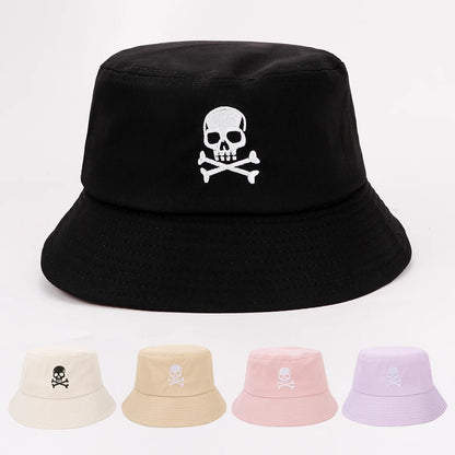 Summer Solid Bucket Hat For Women Embroidery Skull Breathable