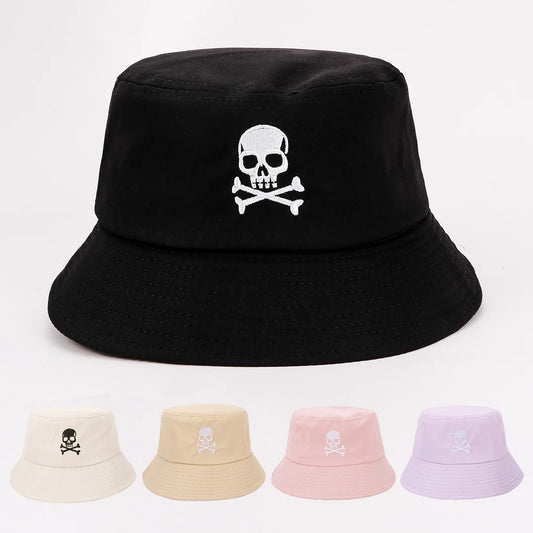 Summer Solid Bucket Hat For Women Embroidery Skull Breathable