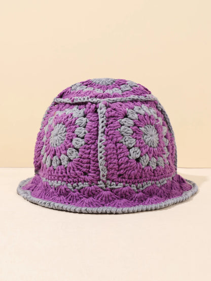 1PC Handmade Crochet Vintage Bucket Hat - Geometric Patch Super Soft and Warm