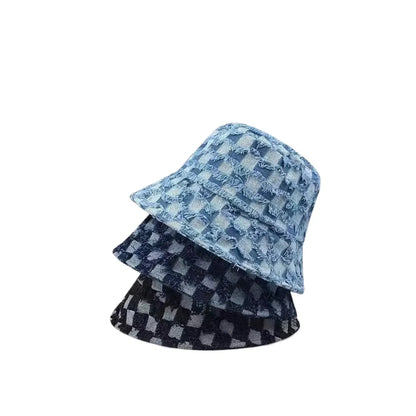 New Korean Style Denim Blue Plaid Bucket Hat