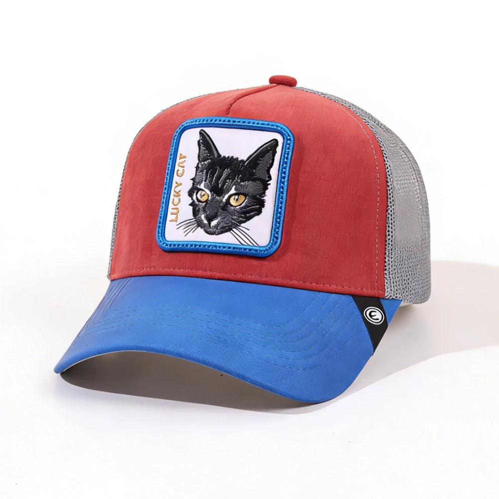 1PC Mesh Baseball Hat, Breathable, Embroidered Lucky Cat Patch, Color Block Streetwear