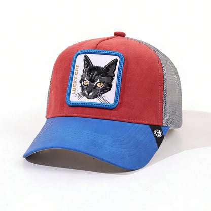 1PC Mesh Baseball Hat, Breathable, Embroidered Lucky Cat Patch, Color Block Streetwear
