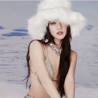 Luxury Fluffy Women Faux Fur Bucket Hats Oversized 17cm Wide Brim