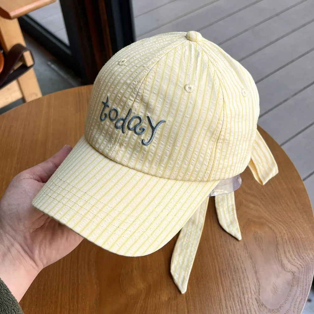 Embroidered Letter Baseball Cap Sweet Bow Tie Striped Design Sun Hat