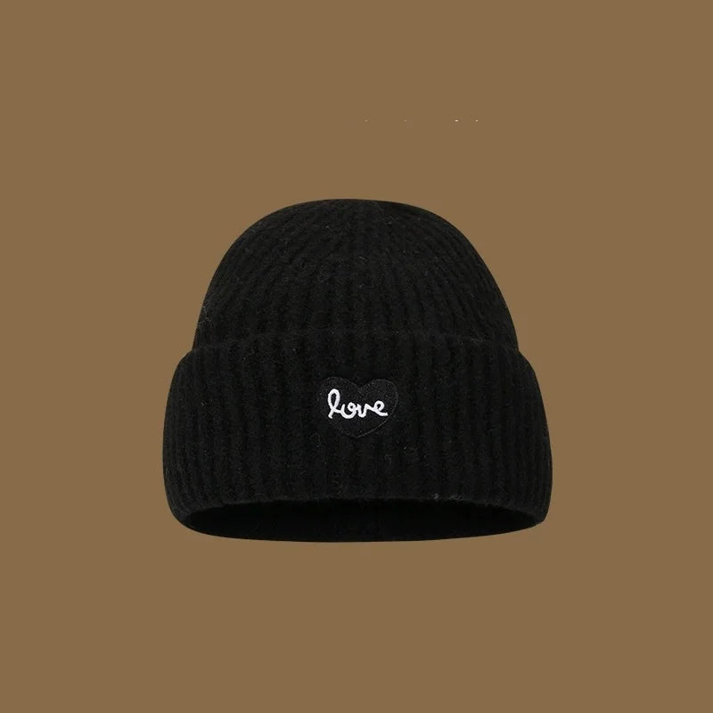 Love Heart Embroidered Woolen Hat Warm Ear-Protecting Cold Hat