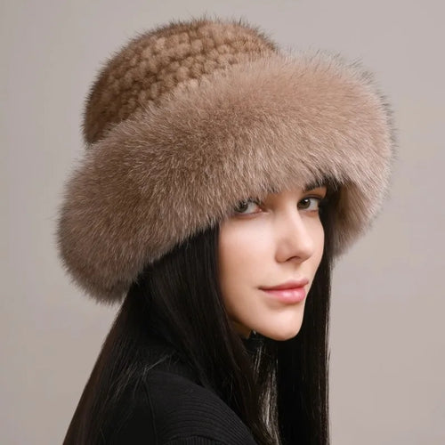 New Genuine Real Natural Knitted Mink Fur Hat Cap Real Fox Fur Beanies
