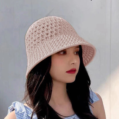 Straw Dome Weave Bucket Hat Hollow Out Breathable Sun Hats