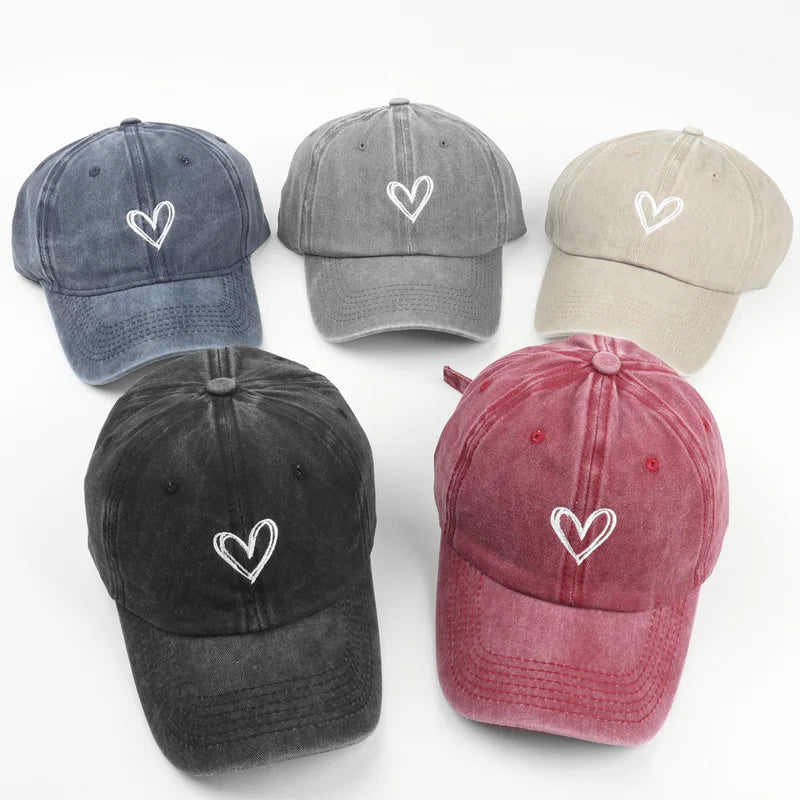 Peach Heart Embroidered Water Washed Aged Spring/Summer Baseball Hat Women's Men