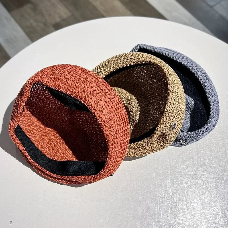 Women Fixed Pleated Paper Straw Beret Summer