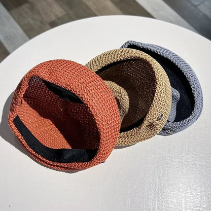 Women Fixed Pleated Paper Straw Beret Summer