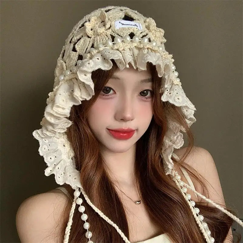 Casual Pearl Tassels Crochet Flower Knitted Hat Hollow Out Thin Lace Beanie