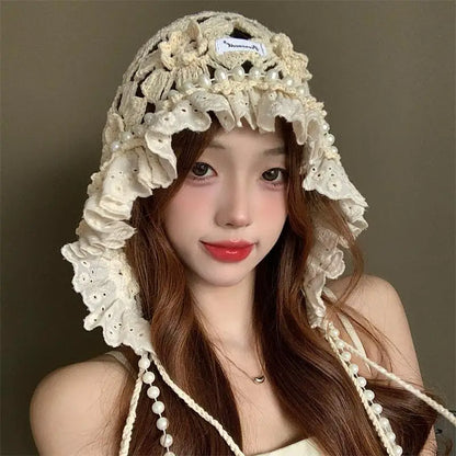 Casual Pearl Tassels Crochet Flower Knitted Hat Hollow Out Thin Lace Beanie