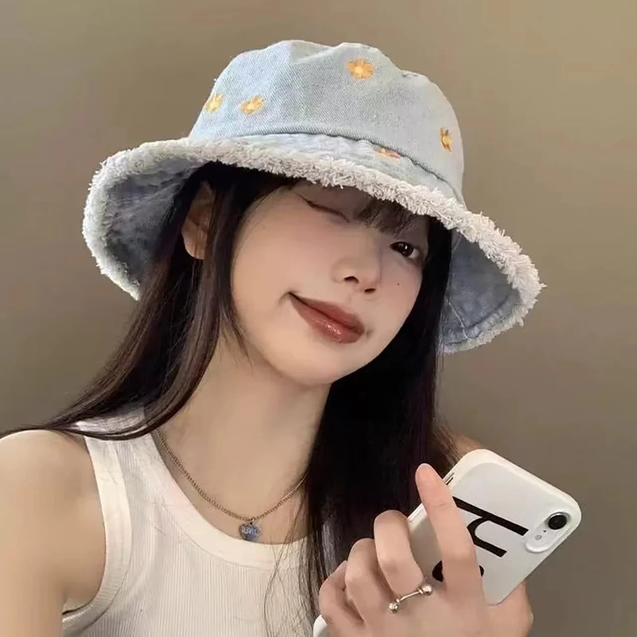 Sweet Floral Embroidered Denim Bucket Hat