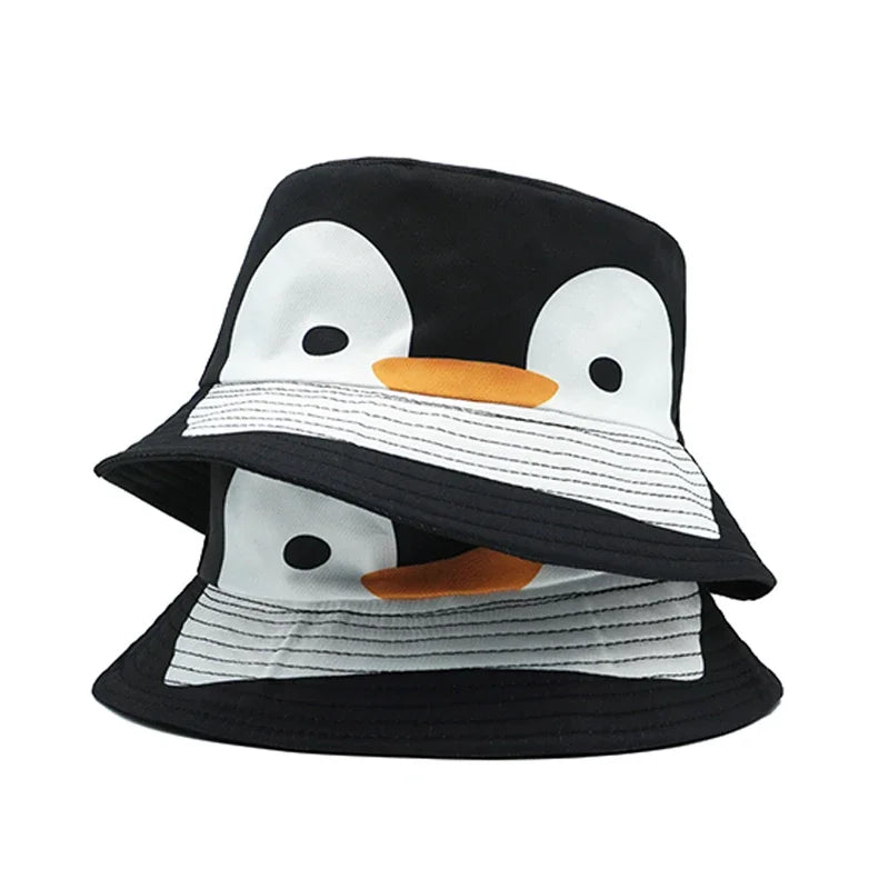 Bucket Hat Cartoon Penguin Pattern Print Fisherman Hats Fashion Design Double Sides