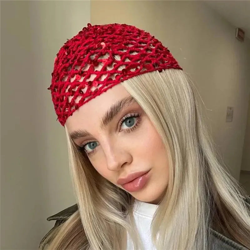 Sequins Solid Color Hollow Out Crochet Hair Net Woven Hair Cap