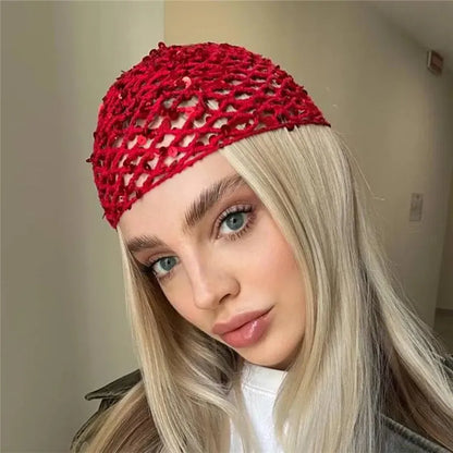 Sequins Solid Color Hollow Out Crochet Hair Net Woven Hair Cap