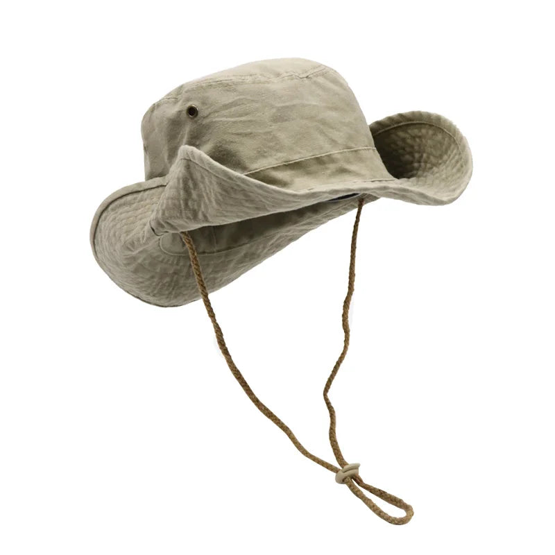 Retro Black Drawstring Fisherman Climbing Hats Stylish Wide Brim Cotton Caps
