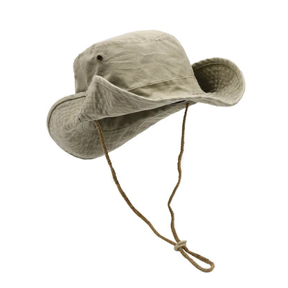 Retro Black Drawstring Fisherman Climbing Hats Stylish Wide Brim Cotton Caps