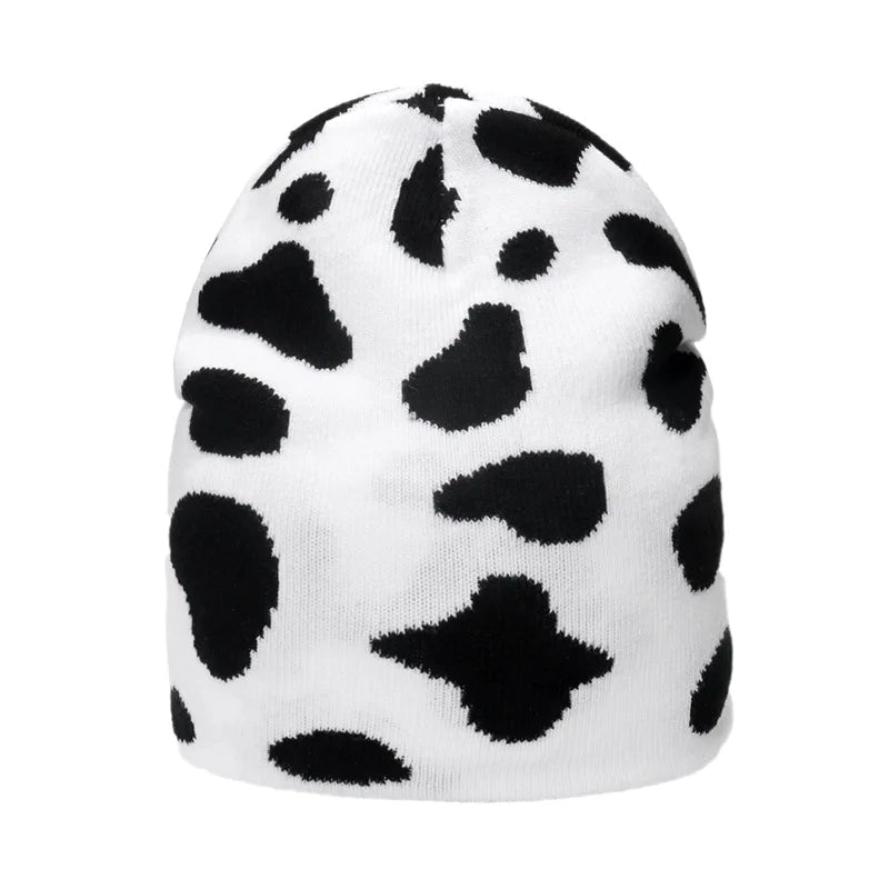 Unisex Checkered Cow & Animal Knit Soft Warm Cuffed Beanie Hat