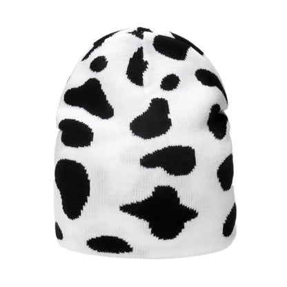 Unisex Checkered Cow & Animal Knit Soft Warm Cuffed Beanie Hat