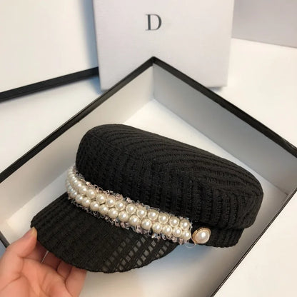 Pearl Lace Ribbon Leisure Lady Octagonal Hat