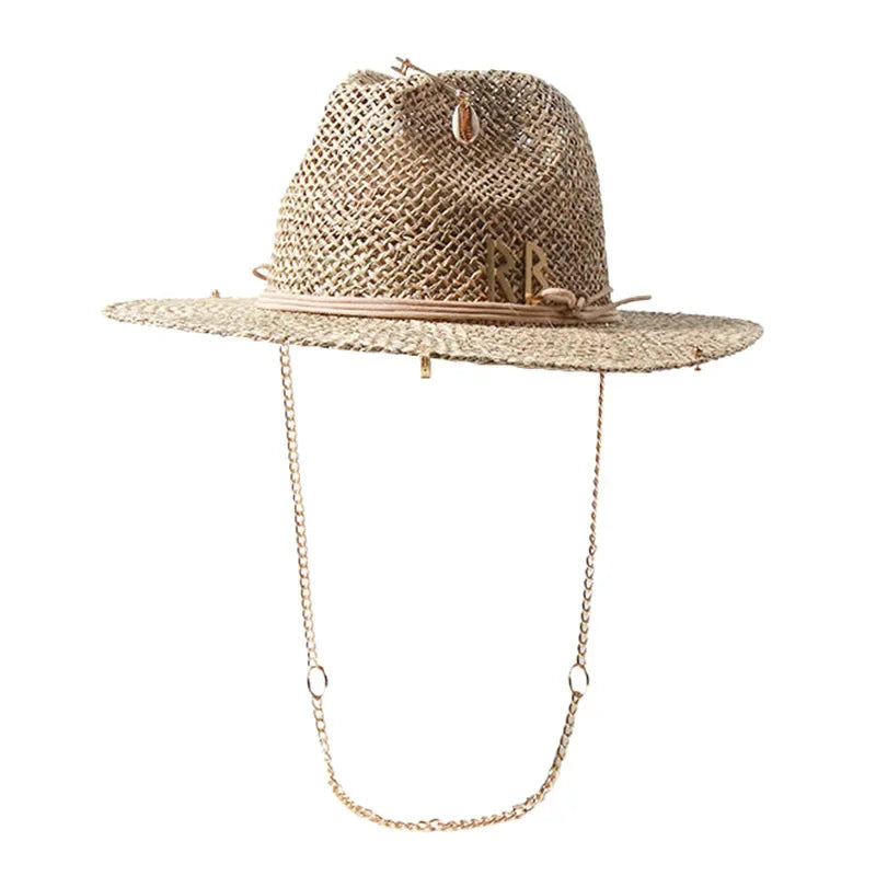 Retro European Style Straw Sun Hat Women's Pin Embellished Letter