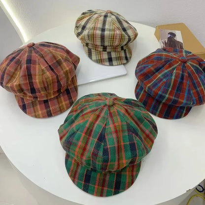 2025 Vintage Plaid Newsboy Cap Slimming Face Retro Flat Cap