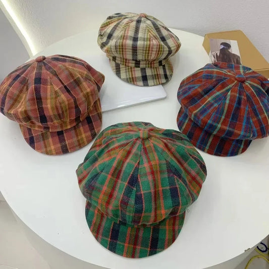 2025 Vintage Plaid Newsboy Cap Slimming Face Retro Flat Cap