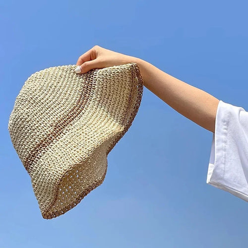 Fashion Wavy Brim Beach Straw Hat Summer Women Foldable Visor Bucket Hat