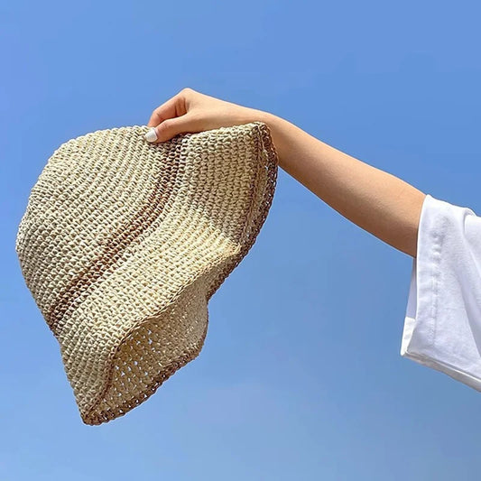 Fashion Wavy Brim Beach Straw Hat Summer Women Foldable Visor Bucket Hat
