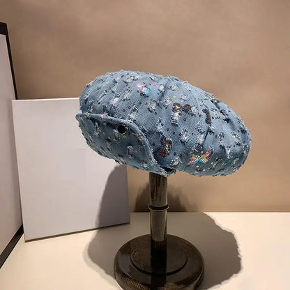 Sequin Bow Denim Octagonal Hat Travel Holiday Beret Hat