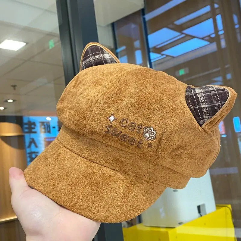 Kawaii Cat Ear Newsboy Cap Faux Suede Women Baker Boy Cap Letter Embroidery Autumn Snap Brim Y2k Hat